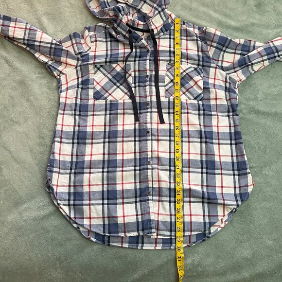 Columbia Flannel Womens XL Red White Blue Plaid Drawstring Button Up Hoodie - Picture 10 of 13